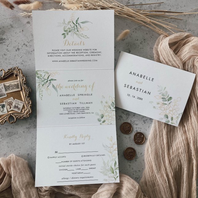 Gold Green Foliage Trifold Wedding Invitation (Creator Uploaded)