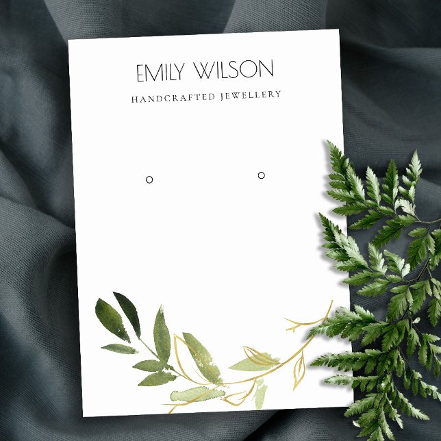 GOLD GREEN FOLIAGE WATERCOLOR EARRING DISPLAY LOGO BUSINESS CARD (Creator Uploaded)