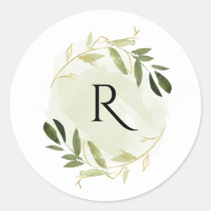 GOLD GREEN FOLIAGE WATERCOLOR WREATH MONOGRAM CLASSIC ROUND STICKER