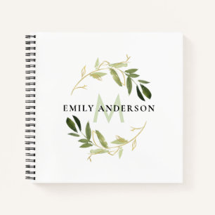 GOLD GREEN FOLIAGE WATERCOLOR WREATH MONOGRAM NOTEBOOK