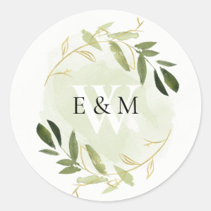 GOLD GREEN FOLIAGE WATERCOLOR WREATH WEDDING CLASSIC ROUND STICKER