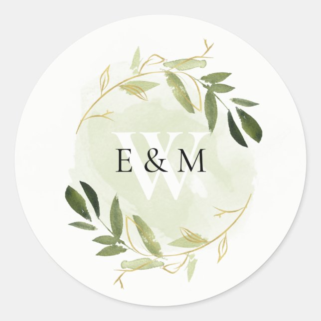 GOLD GREEN FOLIAGE WATERCOLOR WREATH WEDDING CLASSIC ROUND STICKER (Front)