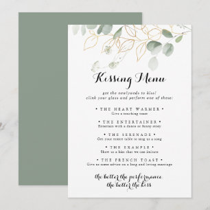 Gold Green Foliage Wedding Kissing Menu Game Card