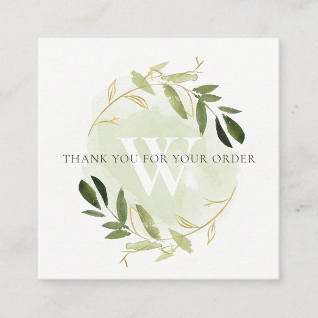 GOLD GREEN FOLIAGE WREATH LOGO SHOPPING THANK YOU SQUARE BUSINESS CARD (Front)