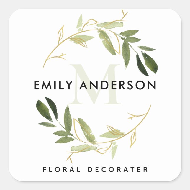 GOLD GREEN FOLIAGE WREATH PROFESSIONAL MONOGRAM SQUARE STICKER (Front)