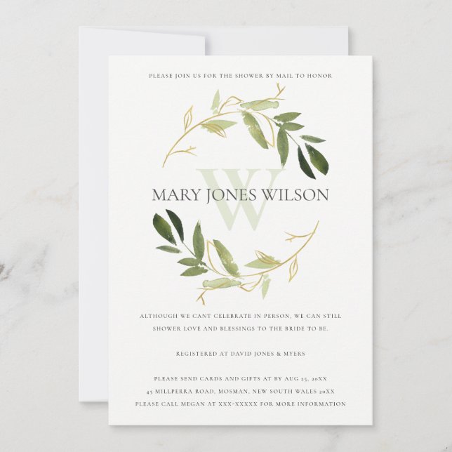 GOLD GREEN FOLIAGE WREATH SHOWER BY MAIL CARD (Front)