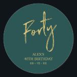 Gold & Green Forty 40th Birthday Favour Thank you Classic Round Sticker<br><div class="desc">This simple custom thank you sticker will add stylish detail to your special day. This design features modern gold script lettering " Forty" with a green background. Matching 40th birthday invitations and party supplies are available in my shop BaraBomDesign.</div>