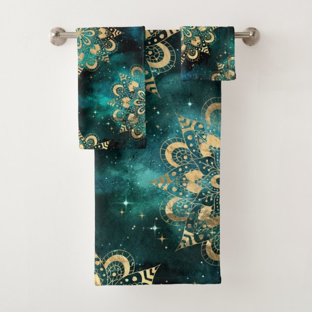 Gold & Green Galaxy Dharma Mandala Pattern Bath Towel Set (Insitu)