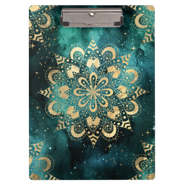 Gold & Green Galaxy Dharma Mandala Pattern Clipboard (Front)
