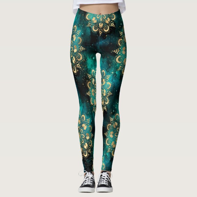 Gold & Green Galaxy Dharma Mandala Pattern Leggings (Front)