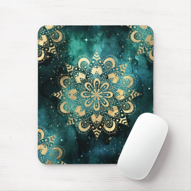 Gold & Green Galaxy Dharma Mandala Pattern Mouse Mat (With Mouse)