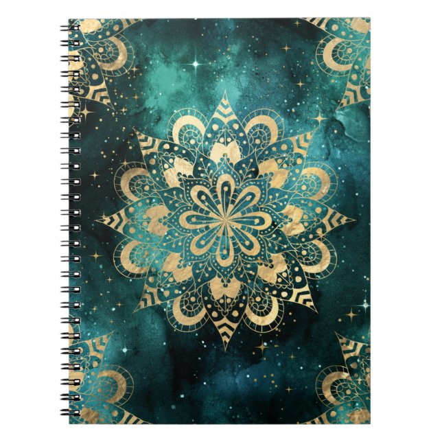 Gold & Green Galaxy Dharma Mandala Pattern  Notebook (Front)