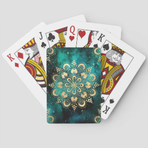 Gold & Green Galaxy Dharma Mandala Pattern Playing Cards