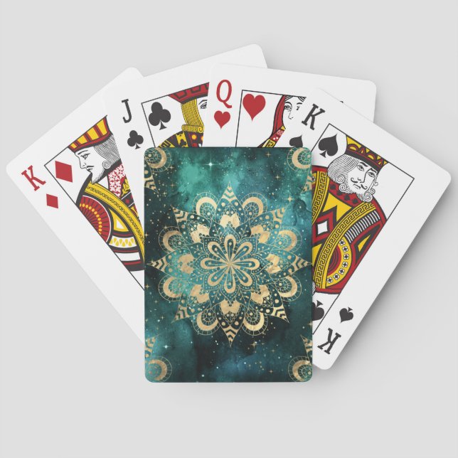 Gold & Green Galaxy Dharma Mandala Pattern Playing Cards (Back)