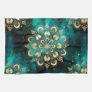 Gold & Green Galaxy Dharma Mandala Pattern Tea Towel