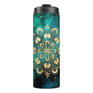Gold & Green Galaxy Dharma Mandala Pattern Thermal Tumbler