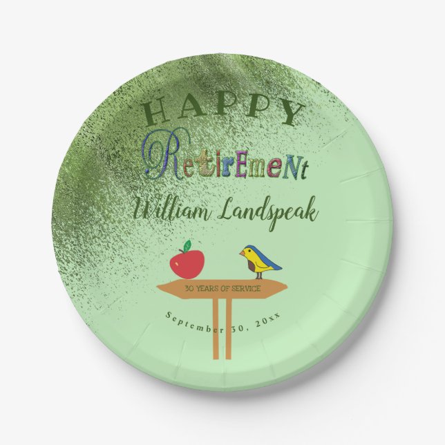 Gold Green Glitter & Happy Retirement  Paper Plate (Front)