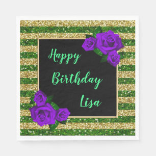 Gold Green Glitter Stripes Purple Roses Birthday Napkin