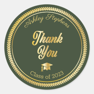 Gold Green Grad Cap Class of 2023 Thank You Classic Round Sticker