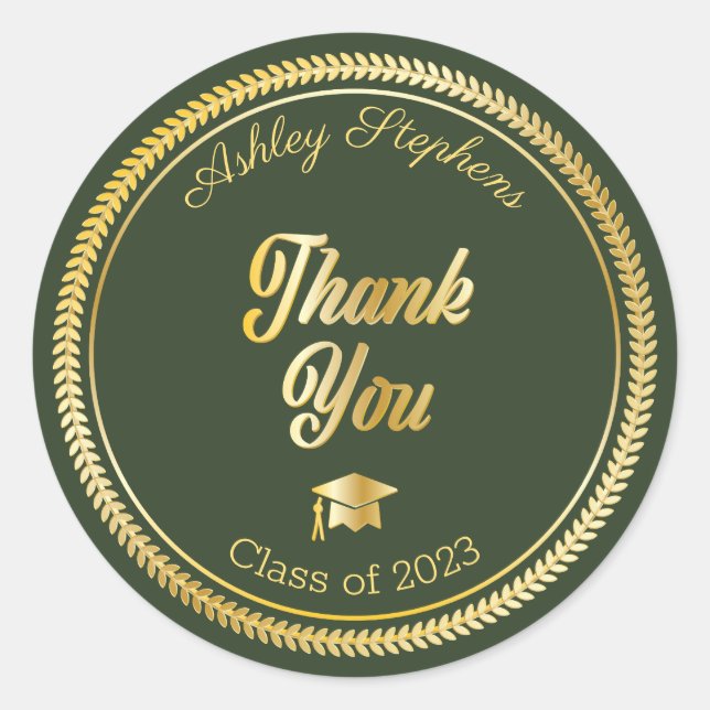 Gold | Green Grad Cap Class of 2023 Thank You Classic Round Sticker (Front)