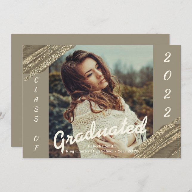 Gold Green Graduated Photo Graduation Announcement (Front/Back)