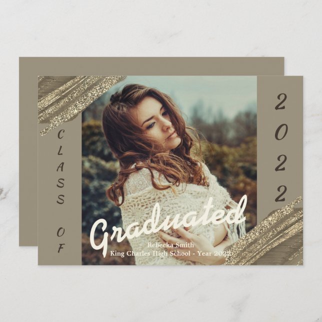 Gold Green Graduated Photo Graduation Announcement (Front/Back)