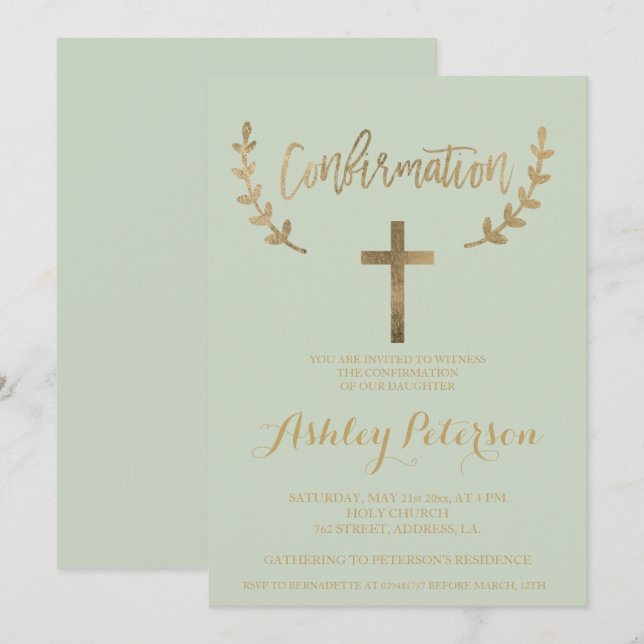 Gold green grey elegant typography confirmation invitation (Front/Back)