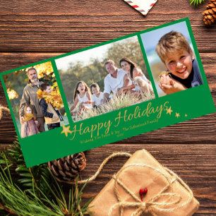 Gold & Green Happy Holidays 3 Photo Collage Holiday Card