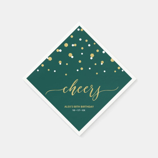 Gold & Green Hexagon Confetti Cheers Custom Party Napkin (Corner)