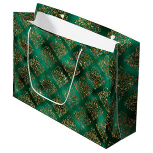 Gold Green Holiday Christmas Metallic Damask Large Gift Bag