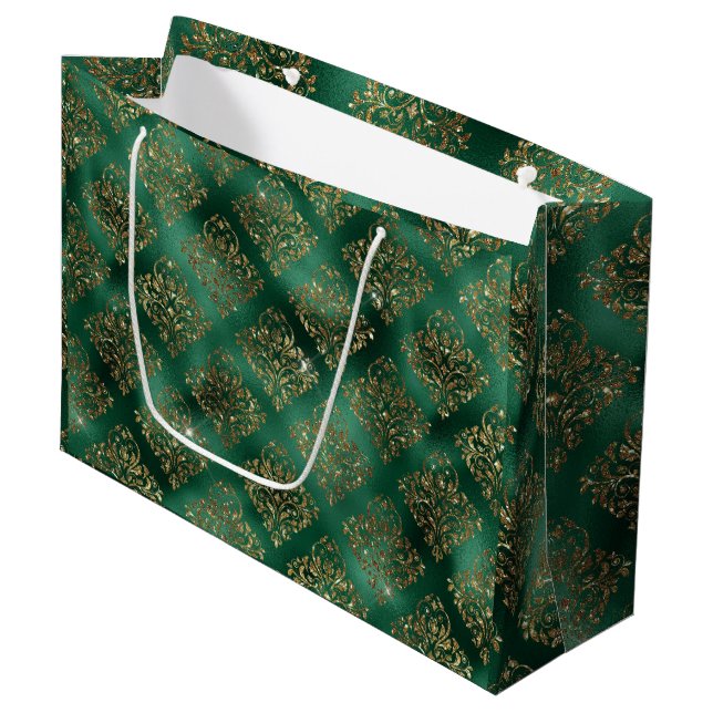 Gold Green Holiday Christmas Metallic Damask Large Gift Bag (Front Angled)