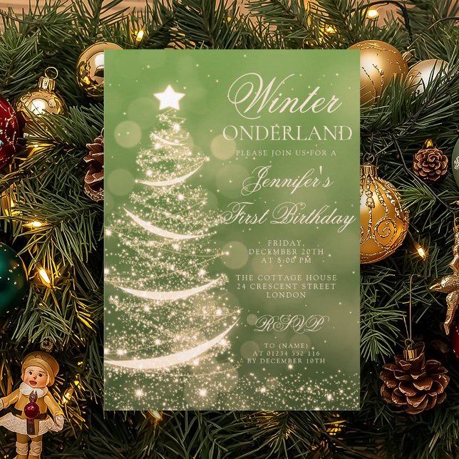 Gold Green Holiday Winter Onederland 1st Birthday Invitation (Gold Green Holiday Winter Onederland 1st Birthday Invitation)