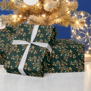 Gold & Green Holly Christmas Pattern Wrapping Paper