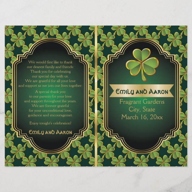 Gold, green Irish clover wedding folded program (Front)