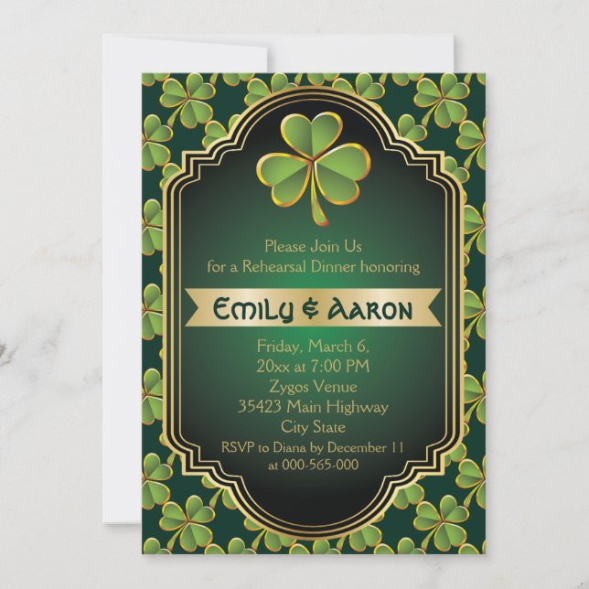 Gold, green Irish clover wedding rehearsal dinner Invitation (Front)
