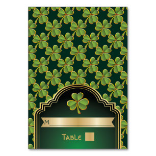 Gold, green Irish clover wedding table number