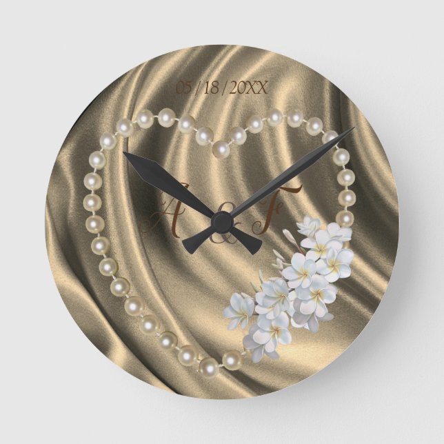 Gold,Green,Ivory,Blue, Silk & Pearls Round Clock (Front)