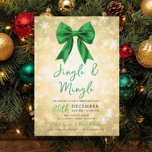 Gold Green Jingle Mingle Christmas Party Bow Snow  Invitation
