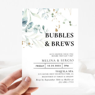 Gold Green Leaves Bubbles & Brews Bridal shower  Invitation