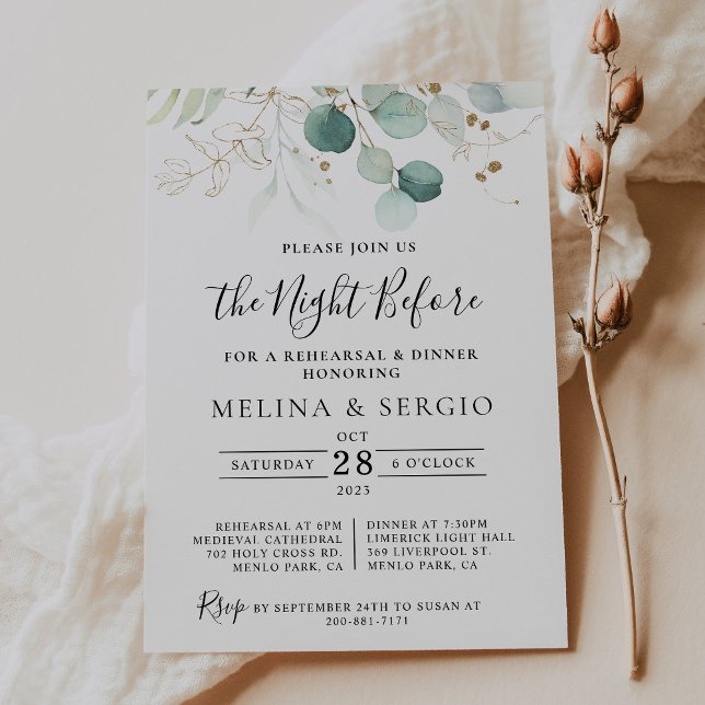 Gold Green Leaves Calligraphy Rehearsal Dinner  Invitation (Creator Uploaded)