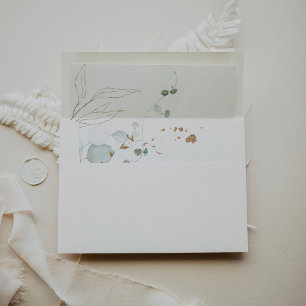 Gold Green Leaves Calligraphy Wedding Envelope