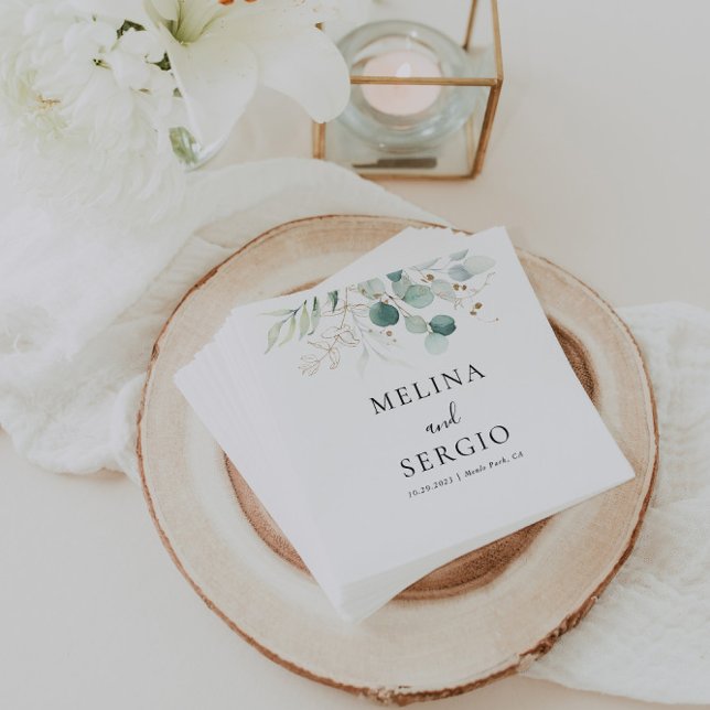 Gold Green Leaves Calligraphy Wedding Napkins (Creator Uploaded)