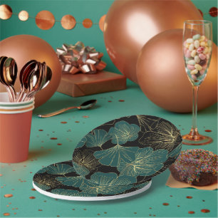 Gold green leaves paper plate