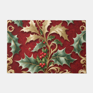 Gold Green Leaves Red Christmas Holiday Doormat