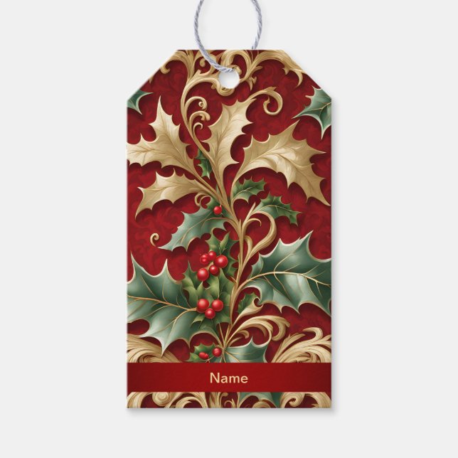Gold Green Leaves Red Christmas Holiday Gift Tag (Front)