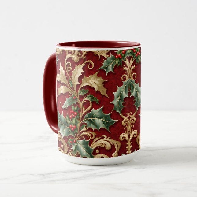 Gold Green Leaves Red Christmas Holiday Mug (Front Left)