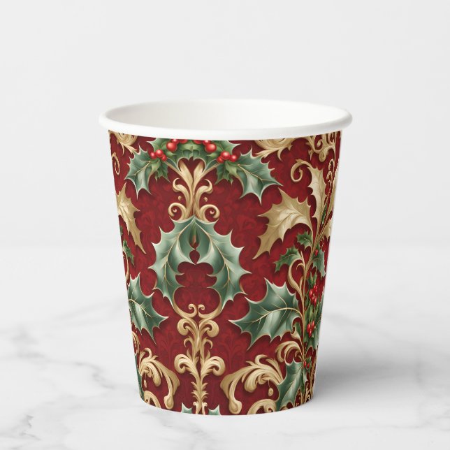 Gold Green Leaves Red Christmas Holiday Paper Cups (Back)