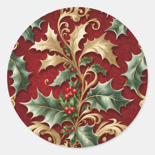Gold Green Leaves Red Christmas Holiday Sticker (Front)