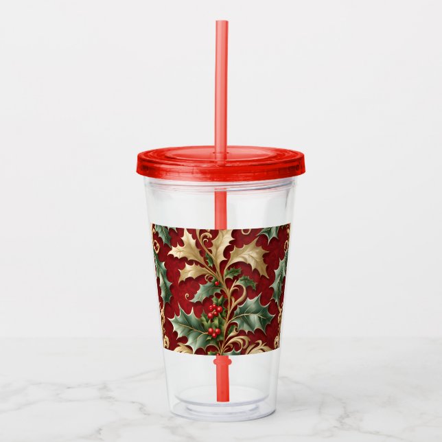 Gold Green Leaves Red Holiday Acrylic Tumbler (Front)