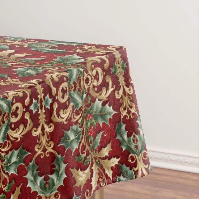 Gold Green Leaves Red Holiday Tablecloth (In Situ)